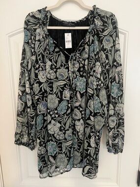 Lane Bryant Women’s Black Floral Tie-Neck Peasant Blouse Sz 30/32 NWT